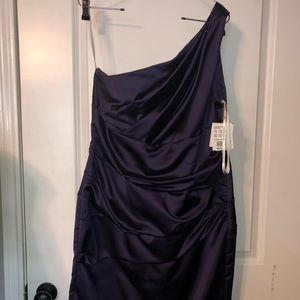 David’s Bridal Short Satin Dress Lapis in color